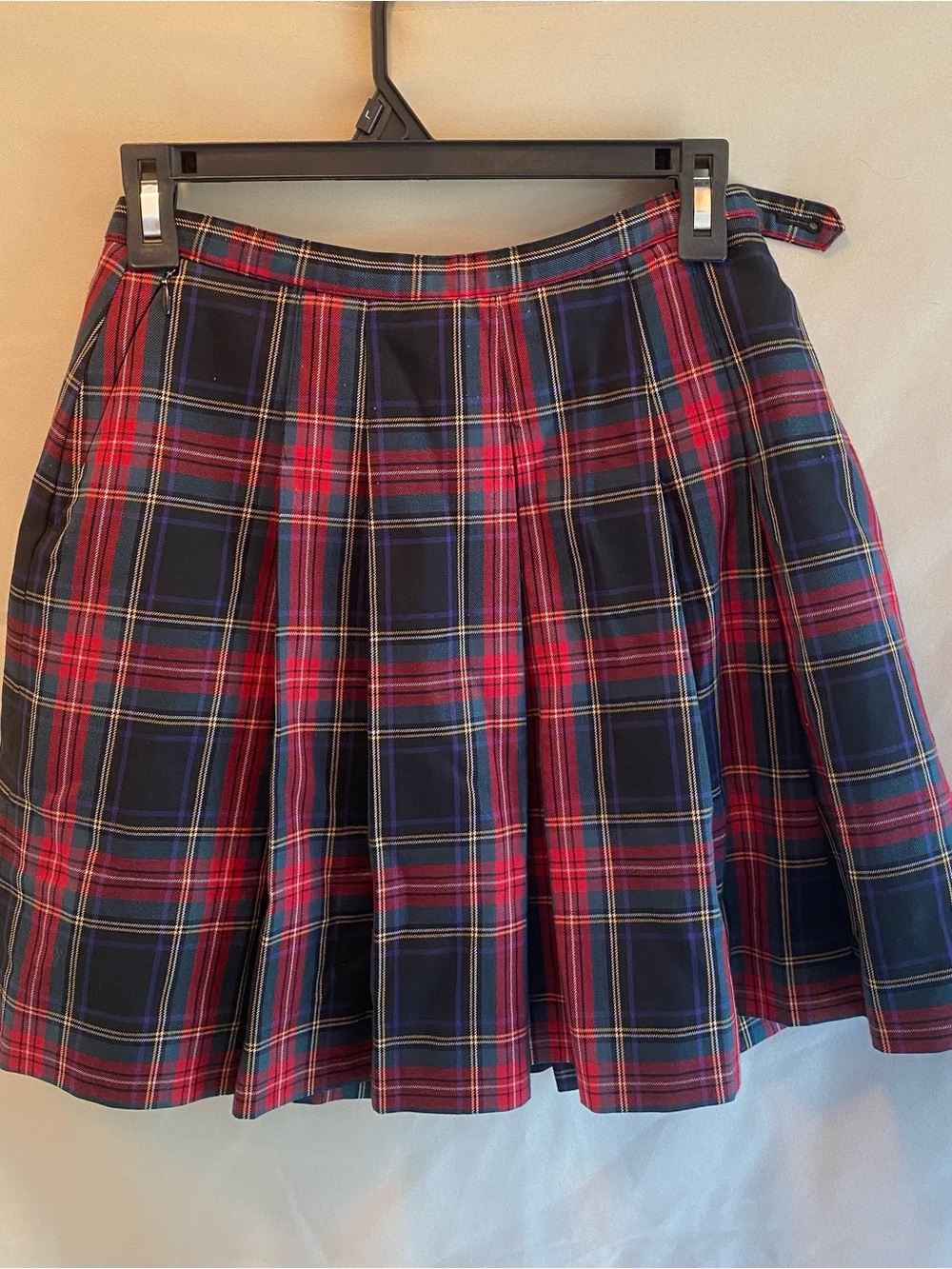 Red Plaid Pleated Mini Skirt with Zip Pockets